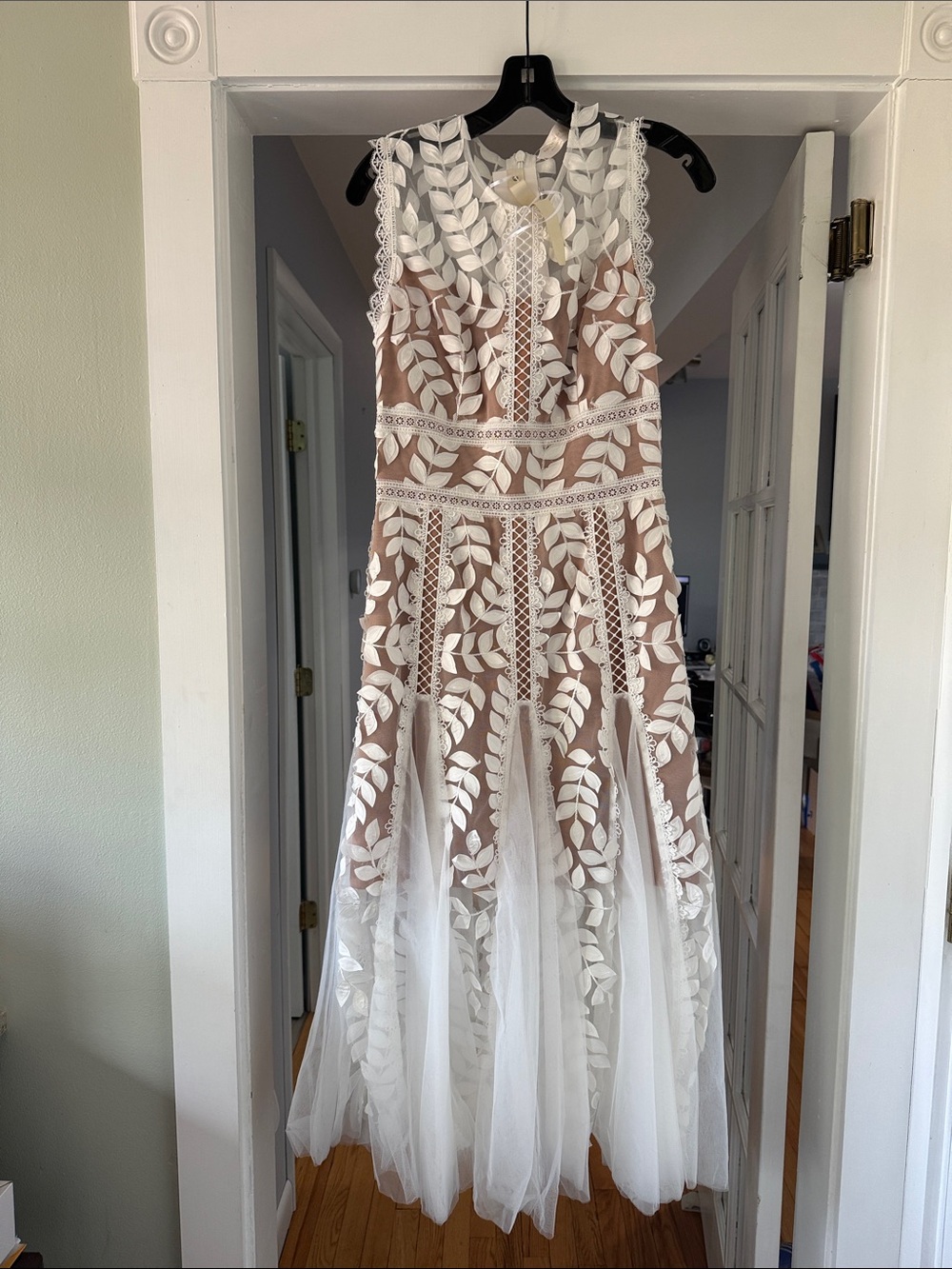 Bronx and Banco White Leaf Appliqué Maxi Dress with Nude Lining